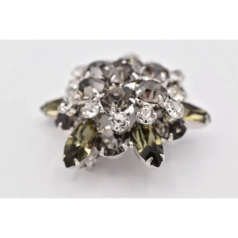 Vintage Smoky Gray Rhinestone Brooch Silver Crystal Cluster Flower Pin 60s BinBI